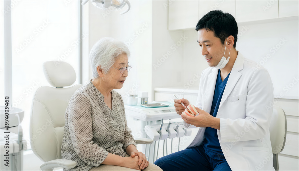 Obraz premium 歯科医院のデンタルチェアで歯の模型を使ってシニア女性患者に説明する男性歯科医