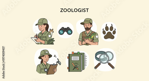 Modern Flat illustration of Zoologist at work with equipment outdoors.