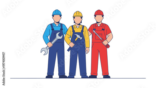 Team of Engineers Standing Together: Three skilled engineers, clad in workwear and helmets, stand united, showcasing their collaborative prowess and dedication to a project.