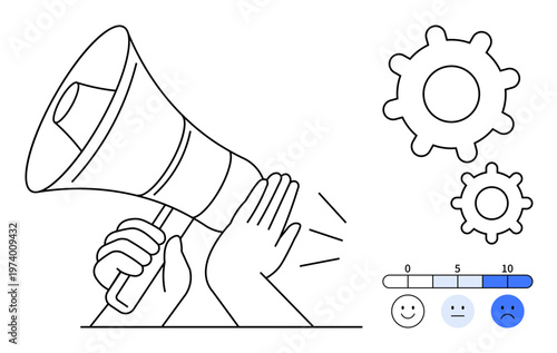 Noise control, problem-solving, feedback, workplace communication, operational efficiency, dissatisfaction. Hands blocking a megaphone, gears processes and a dissatisfaction rating scale. Noise