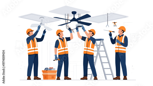 Electrical Teamwork: A team of skilled technicians meticulously install a ceiling fan, representing the precision and collaboration required for efficient home improvements.