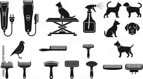 Professional Pet Grooming Vector Icon Set Featuring Hair Clippers Brushes Scissors Grooming Table Dogs Cats and Birds for Veterinary Services and Salon Equipment Branding