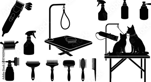 Professional pet grooming equipment set with dog cat silhouettes grooming table electric clippers spray bottles hair brushes and combs for animal care salon services isolated vector icons