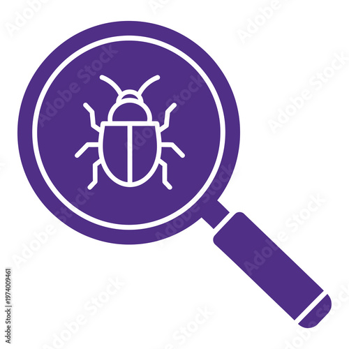 Purple magnifying glass with white bug icon on white background icon