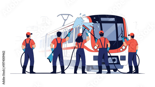 Metro Train Cleaning Crew: A dedicated team of workers meticulously cleans a metro train. Illustrating maintenance, hygiene, and public transportation safety and cleanliness.