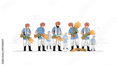 Harvest Harmony: A united group of farmers, their figures defined by simple lines, diligently gathering a rich harvest.