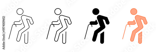 Set of minimalist elderly person with walking stick icons with transparent background, depicting concepts like aging, mobility, healthcare, retirement, and assistance, vector illustration
