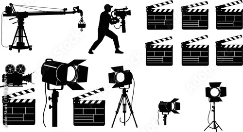 Professional movie production equipment silhouettes set featuring film camera operator cinematic lighting fixtures studio crane and director clapperboards for creative video industry projects