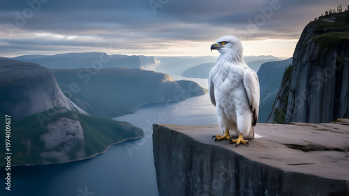 Preikestolen - a famous cliff in the Norwegian mountains, a white eagle is sitting on the cliff__A beautiful white-tailed eagle on a rock.