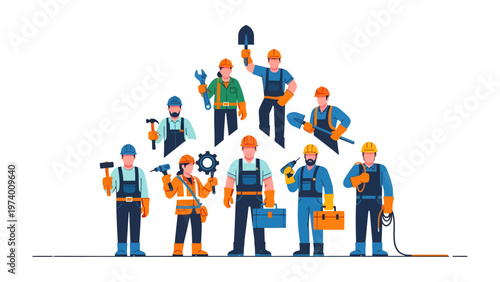 Team of Craftsmen & Their Tools: A dedicated ensemble of skilled craftsmen, each equipped with their essential tools, stand together. A visual representation of expertise, collaboration.