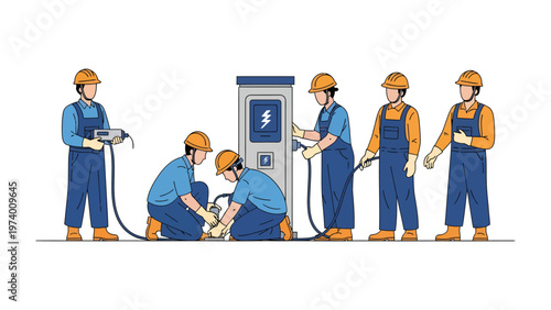 Engineers at the Charging Station: A team of skilled engineers works diligently to set up and maintain a modern electric vehicle charging station.