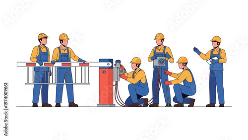 Gate Technicians at Work: Skilled technicians in a well-lit environment expertly maintain and inspect a security gate system, showcasing precision and teamwork.