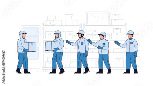 Warehouse Delivery Crew: A team of diligent warehouse workers in protective gear, efficiently handling package delivery in a structured, organized environment. 