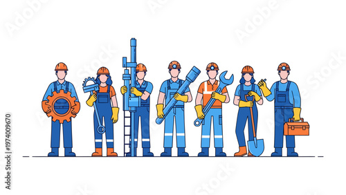 Dedicated Workforce: A graphic of construction workers, each carrying unique tools, embodies the spirit of hard work and craftsmanship. Emphasizing diversity and a collaborative atmosphere.