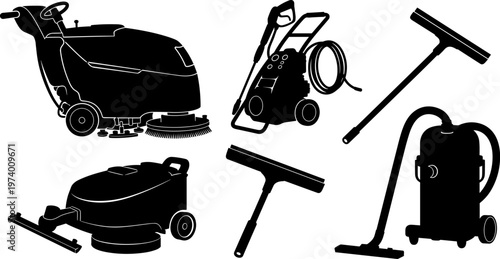 Professional industrial cleaning equipment set including floor scrubber dryer machine, pressure washer, vacuum cleaner, and window squeegee silhouettes for commercial maintenance services.