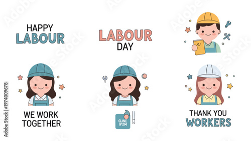 Labor Day Illustrations: A cheerful ensemble of illustrations celebrates Labor Day, showcasing hardworking individuals and the spirit of collaboration.