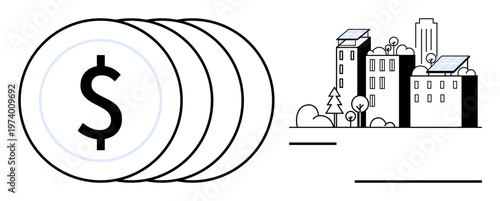 Sustainability, renewable energy, solar investment, cost savings, urban development, green technology. Stacked coins and city buildings with solar panels. Sustainability and renewable energy concept
