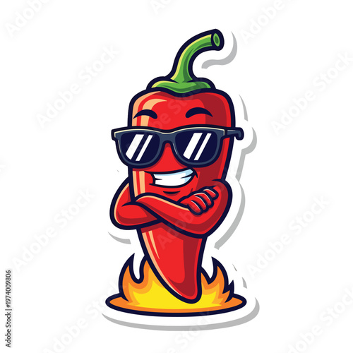 Confident chili pepper character with sunglasses and crossed arms standing in flames, cool spicy vector mascot illustration