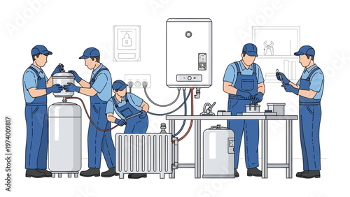 Plumbers at Work: A team of skilled plumbers diligently installs and maintains a central heating system, ensuring optimal performance and efficiency.