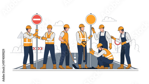 Road Work Team: A dedicated team of construction workers diligently works together on a road, each individual playing a vital role in the process of building and repair.