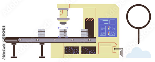 Manufacturing, automation, quality control, industrial processes, robotics, smart systems. An automated conveyor with a machine inspecting products. Manufacturing and automation technology concept