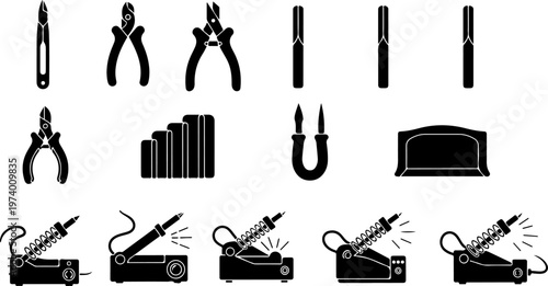 Professional Electronic Repair Tool Set Silhouette Featuring Soldering Irons, Pliers, Wire Cutters, and Specialized.