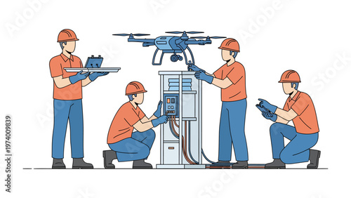 Drone inspection: A team of engineers and technicians conducts a comprehensive inspection of a drone. They examine the aerial device, showcasing their expertise in technology and maintenance.
