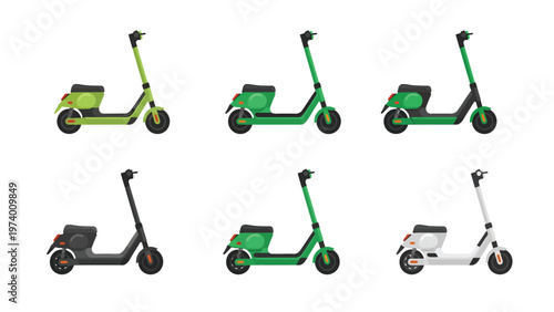 Electric Scooters & Mopeds Collection. Green, black, and white eco-friendly urban mobility vehicles isolated on white background.
