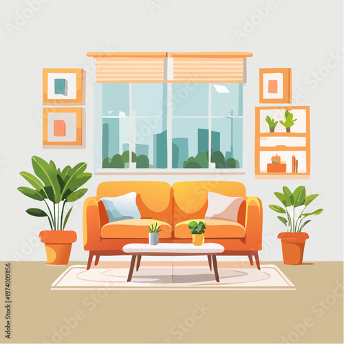 Modern Living Room Interior Design with Orange Sofa and Lush Green Plants