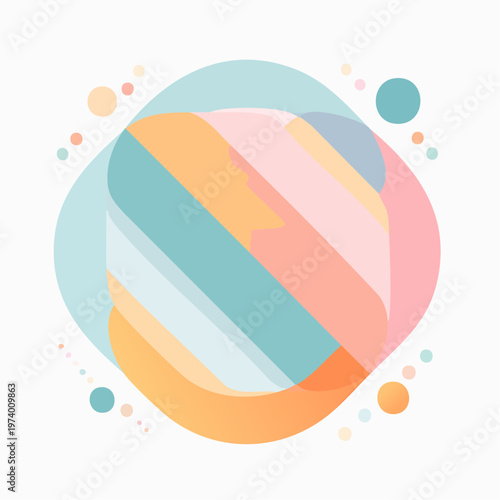 Abstract icon with soft pastel diagonal stripes on a rounded square, surrounded by playful floating dots