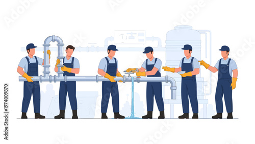 Plumbers at Work: A team of skilled plumbers diligently collaborating to repair and maintain pipes, showcasing expertise and teamwork in their craft.