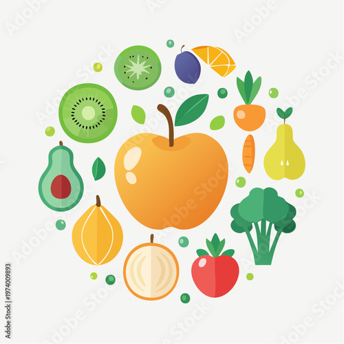 Vibrant Circle of Fresh Fruits and Vegetables Illustrating Healthy Eating and Balanced Nutrition Concept in Flat Design