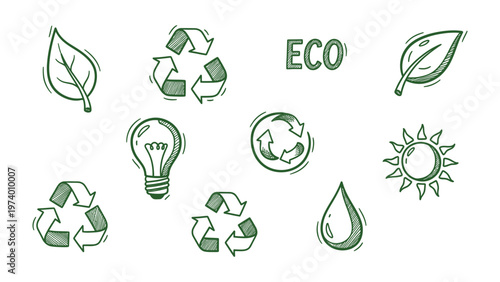 Eco-Friendly Icon Set: A collection of hand-drawn eco-friendly icons, including a recycling symbol, leaves, and a light bulb, represent sustainability and environmental awareness. 