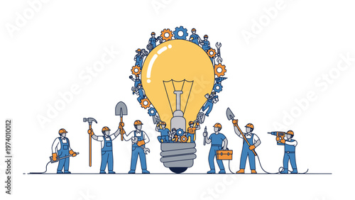 Teamwork Sparks Innovation: A collaborative group of individuals come together to assemble a large light bulb, symbolizing the collective effort required to generate innovative ideas.
