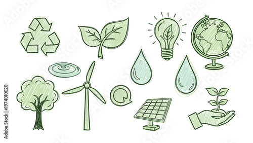 Sustainable World Icons: A collection of hand-drawn icons representing the essential elements of environmental sustainability and eco-consciousness, promoting conservation
