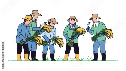 Harvest Teamwork: A group of farmers, united in purpose, working diligently together to gather a rich harvest of golden crops, their collaborative efforts a testament to the bounty of the land.