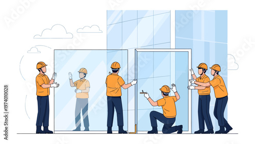 Constructing the Future: A skilled team meticulously installs large glass panels, a testament to precision and collaborative effort. Emphasizing the fusion of modern design with expert craftsmanship.