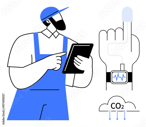 Environmental monitoring, CO2 tracking, wearable technology, data logging, industrial processes, emissions analysis. Technician with tablet, sensor on finger CO2 emission graphic. Emissions