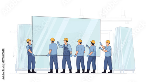 Glass Installation: Illustrating the precision and collaborative effort involved in installing a large pane of glass, this image showcases a team of skilled workers.