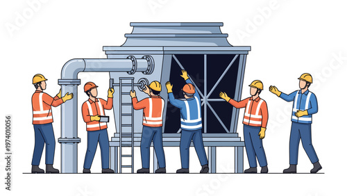 Engineering Team Inspecting Industrial Machine: A team of skilled engineers meticulously inspects a complex industrial machine. This image depicts their focused work.