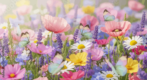 Vibrant colorful wildflowers with pink yellow and purple petals in a lush meadow with green stems and leaves under soft sunlight