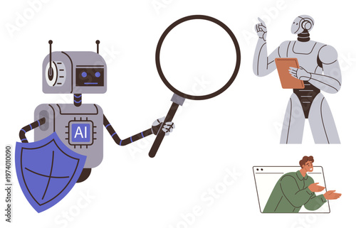 Artificial intelligence, machine learning, cybersecurity, technology education, digital collaboration, human-robot interaction. Robots with magnifying glass, shield and human illustration. AI