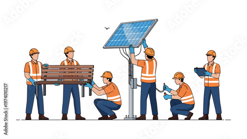 Solar Panel Installation: A team of diligent workers meticulously installs a solar panel, showcasing the commitment to sustainable energy and the advancement of eco-friendly practices.