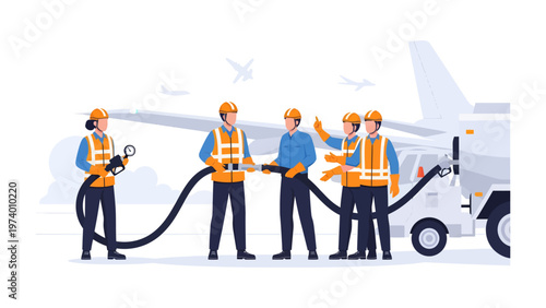 Aircraft Refueling Team: An aviation ground crew collaborates to refuel a passenger airplane, ensuring smooth operation. Depicting a scene of diligent work.