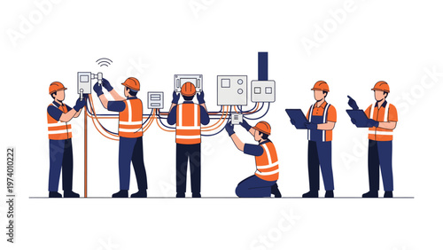 Electrical Team: Skilled electricians collaborate diligently, meticulously working on electrical installations, showcasing teamwork and expertise in their profession.