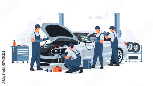 Auto Service Team at Work: A team of skilled technicians meticulously diagnoses and repairs a vehicle in a modern auto repair shop, demonstrating expertise and precision.
