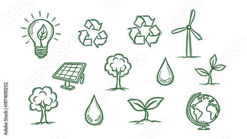 Eco-Friendly Symbols: A collection of hand-drawn green icons representing various aspects of eco-friendliness, highlighting concepts like recycling, renewable energy, and environmental sustainability.