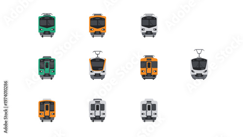 Diverse public transport vehicles icon set: front view of trains, trams, and subway cars in flat design