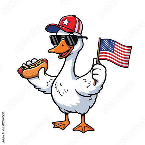 Festive cartoon goose character enjoying a hot dog and waving a flag at a celebration