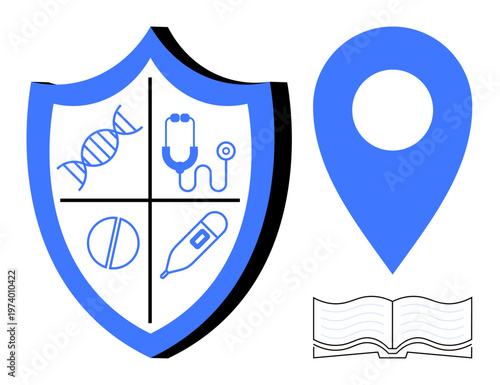 Medical security, healthcare education, navigation, protection, wellness, global health. Shield with medical icons, location pin and book. Medical security and healthcare education concepts
